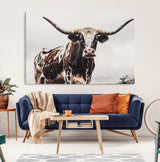 95249234-MGV-CV-36X24-Texas Longhorn Wall Art Canvas Print, Framed Spotted Bull Art Picture Print, Horned Cattle Perfect Rustic Farmhouse Decor Artwork