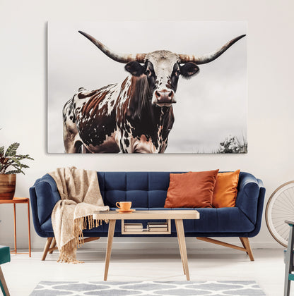 95249234-MGV-CV-36X24-Texas Longhorn Wall Art Canvas Print, Framed Spotted Bull Art Picture Print, Horned Cattle Perfect Rustic Farmhouse Decor Artwork