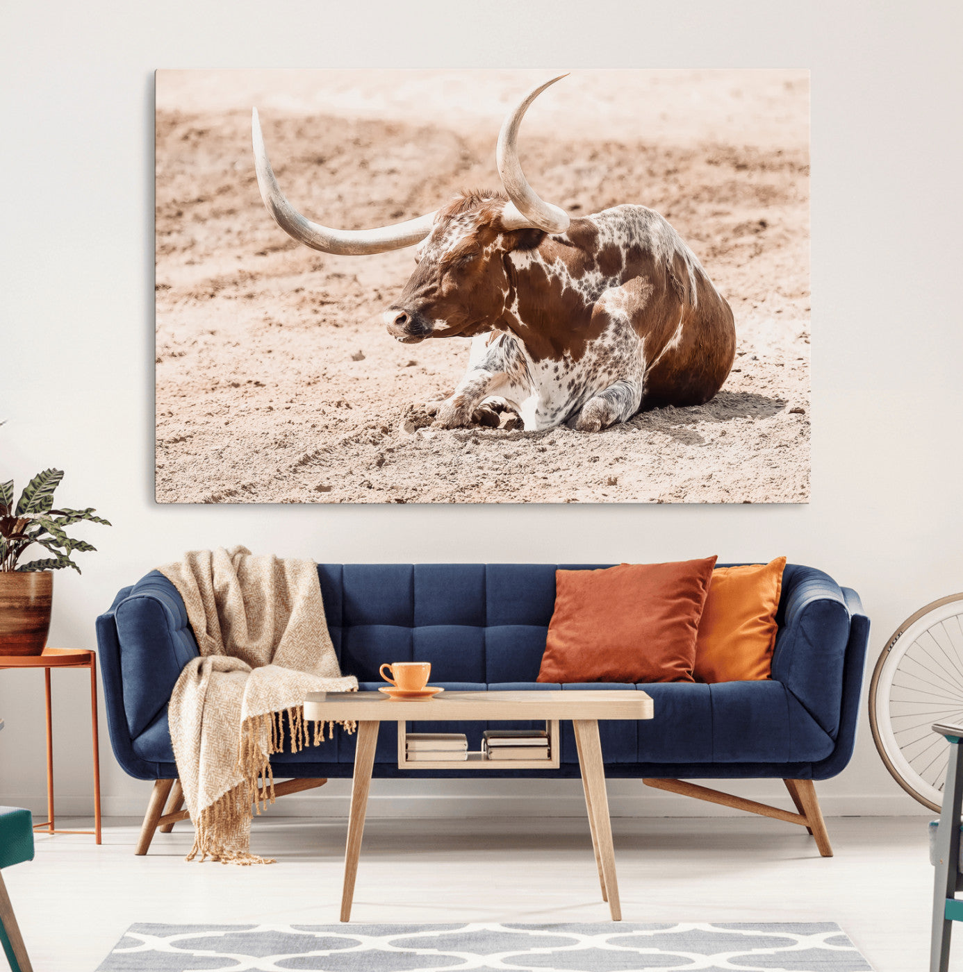 91248682-MGV-CV-36X24-Texas Longhorn Wall Art Canvas Print, Framed Resting Bull Art Picture Print, Spotted Cattle Perfect Rustic Western Decor Artwork