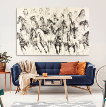 19433417-MGV-CV-36X24-Running Horses Wall Art Canvas Print, Framed Horse Sketch Art Picture Print, Galloping Herd Perfect Monochrome Western Decor