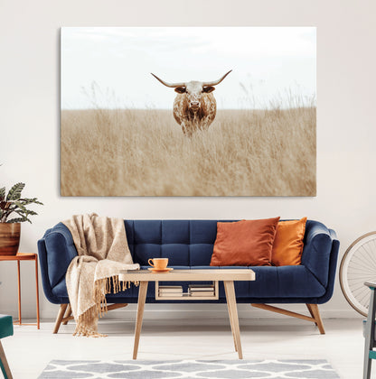 20927060-MGV-CV-36X24-Texas Longhorn Wall Art Canvas Print, Framed Lone Cattle Art Picture Print, Longhorn Bull Perfect Rustic Western Decor Artwork