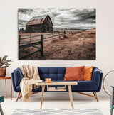 73898372-MGV-CV-36X24-Rustic Barn Wall Art Canvas Print, Framed Moody Field Art Picture Print, Weathered Fence Perfect Moody Farmhouse Decor Artwork