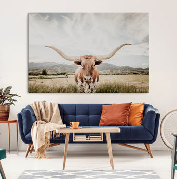 80054319-MGV-CV-36X24-Texas Longhorn Wall Art Canvas Print, Framed Western Cow Art Picture Print, Rustic Farmhouse Perfect Farmhouse Decor Artwork