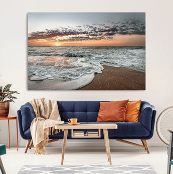 40632752-MGV-CV-36X24-Ocean Sunset Wall Art Canvas Print, Framed Beach Waves Art Picture Print, Coastal Scene Perfect Coastal Decor Artwork