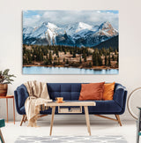 36247746-MGV-CV-36X24-Snowy Peaks Wall Art Canvas Print, Framed Alpine Lake Art Picture Print, Pine Forest Perfect Alpine Wilderness Decor Artwork