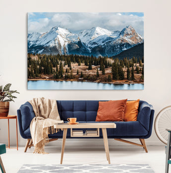 36247746-MGV-CV-36X24-Snowy Peaks Wall Art Canvas Print, Framed Alpine Lake Art Picture Print, Pine Forest Perfect Alpine Wilderness Decor Artwork
