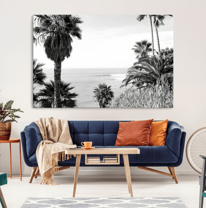 89458520-MGV-CV-36X24-Palm Trees Wall Art Canvas Print, Framed Coastal View Art Picture Print, Ocean Horizon Perfect Monochrome Coast Decor Artwork