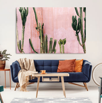 93119502-MGV-CV-36X24-Tall Cactus Wall Art Canvas Print, Framed Pink Wall Art Picture Print, Cactus Lines Perfect Modern Desert Decor Artwork