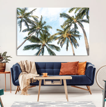 87247012-MGV-CV-36X24-Skyward Palm Trees Wall Art Canvas Print, Framed Tropical Sky Art Picture Print, Coconut Palm Perfect Tropical Skyview Decor