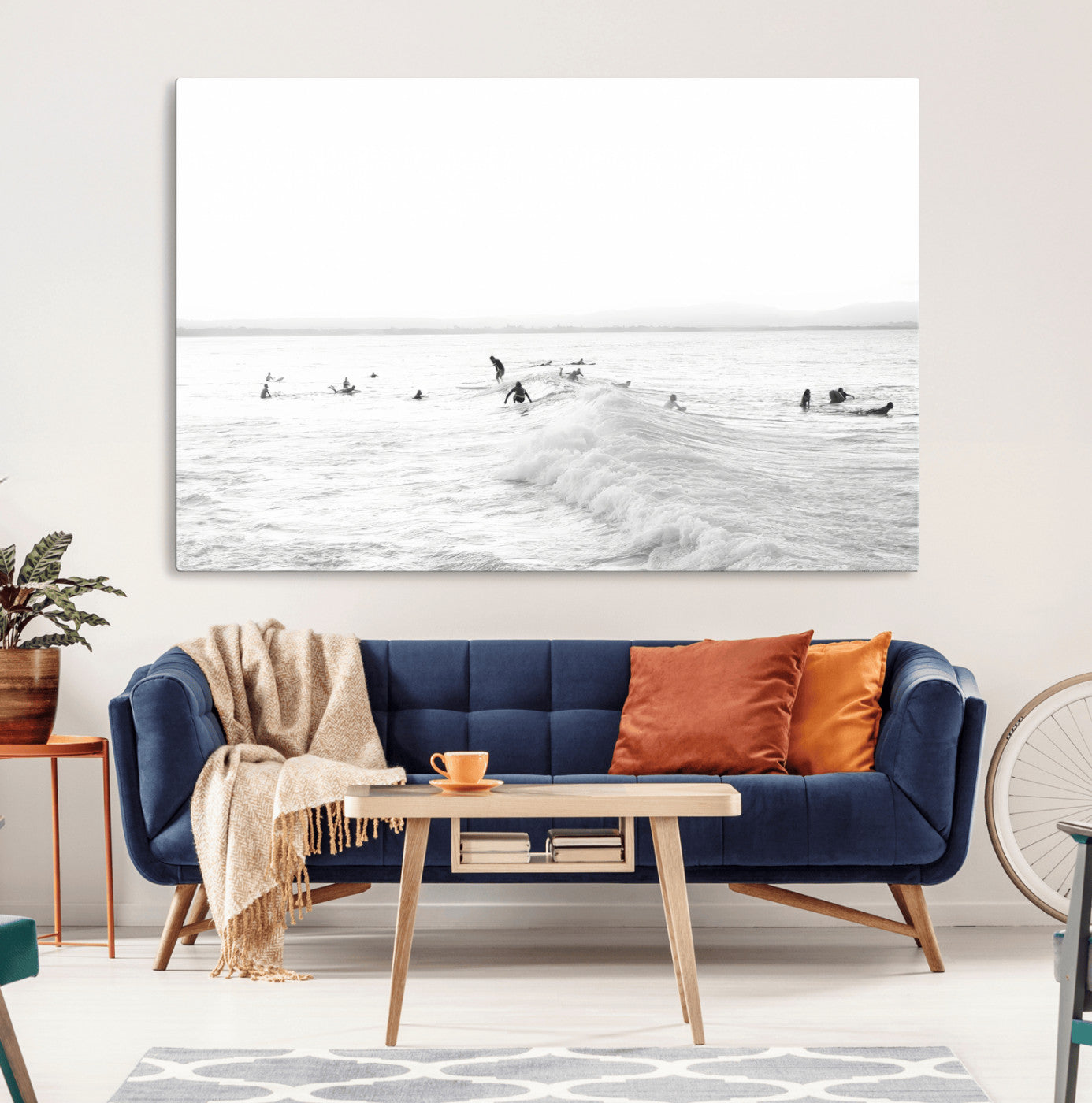 33449548-MGV-CV-36X24-Group Surfers Wall Art Canvas Print, Framed Ocean Wave Art Picture Print, Surf Crowd Perfect Monochrome Surf Decor Artwork