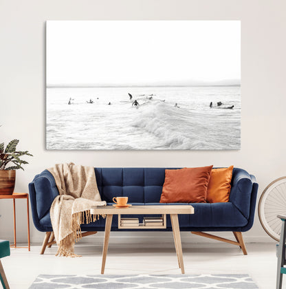 33449548-MGV-CV-36X24-Group Surfers Wall Art Canvas Print, Framed Ocean Wave Art Picture Print, Surf Crowd Perfect Monochrome Surf Decor Artwork