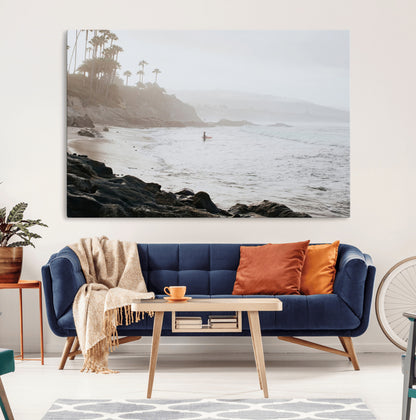 62501405-MGV-CV-36X24-Misty Beach Wall Art Canvas Print, Framed California Surfer Art Picture Print, Coastal Cliff Perfect Coastal Beach Decor Artwork