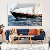 97168626-MGV-CV-36X24-Sailing Yacht Wall Art Canvas Print, Framed Wooden Yacht Art Picture Print, Ocean Waves Perfect Nautical Coastal Decor Artwork