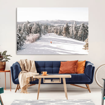 62119206-MGV-CV-36X24-Snowy Trail Wall Art Canvas Print, Framed Ski Slope Art Picture Print, Winter Pines Perfect Alpine Adventure Decor Artwork