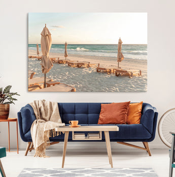 58507949-MGV-CV-36X24-Beach Umbrellas Wall Art Canvas Print, Framed Empty Loungers Art Picture Print, Soft Sand Perfect Minimalist Seaside Decor Artwork