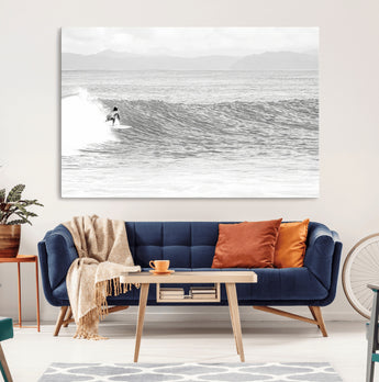 81535128-MGV-CV-36X24-Surfer Woman Wall Art Canvas Print, Framed Black Ocean Art Picture Print, Ocean Surfing Perfect Monochrome Coastal Decor Artwork