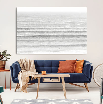 66534476-MGV-CV-36X24-Lone Surfer Wall Art Canvas Print, Framed Ocean Waves Art Picture Print, Minimal Sea Perfect Minimal Coastal Decor Artwork