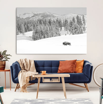 68081143-MGV-CV-36X24-Snowy Bison Wall Art Canvas Print, Framed Winter Forest Art Picture Print, Lone Bison Perfect Monochrome Winter Wild Decor Artwork
