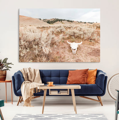 97234735-MGV-CV-36X24-Rustic Bones Wall Art Canvas Print, Framed Desert Sage Art Picture Print, Prairie Skull Perfect Minimal Rustic Decor Artwork