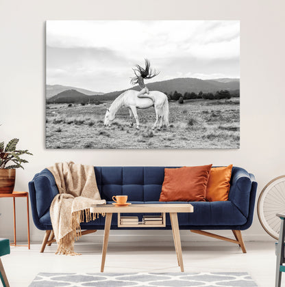 62789800-MGV-CV-36X24-White Horse Wall Art Canvas Print, Framed Woman Rider Art Picture Print, Equestrian Pose Perfect Western Boho Decor Artwork