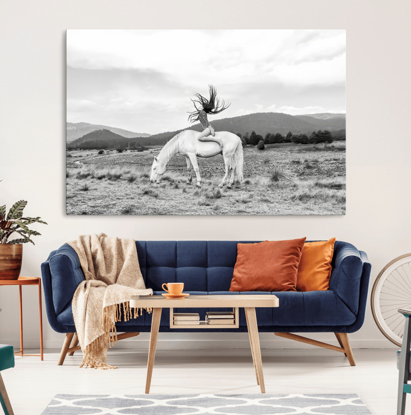 62789800-MGV-CV-36X24-White Horse Wall Art Canvas Print, Framed Woman Rider Art Picture Print, Equestrian Pose Perfect Western Boho Decor Artwork