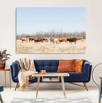 16563092-MGV-CV-36X24-Texas Longhorns Wall Art Canvas Print, Framed Western Cattles Art Picture Print, Rustic Herd Perfect Rustic Farmhouse Decor
