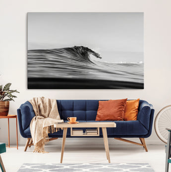 24029476-MGV-CV-36X24-Black Wave Wall Art Canvas Print, Framed Abstract Surf Art Picture Print, Minimalist Ocean Perfect Minimalist Coastal Decor