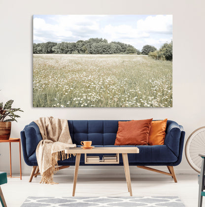 43258946-MGV-CV-36X24-Daisy Field Wall Art Canvas Print, Framed Pastel Flower Art Picture Print, Meadow Bloom Perfect Scandinavian Minimalist Decor