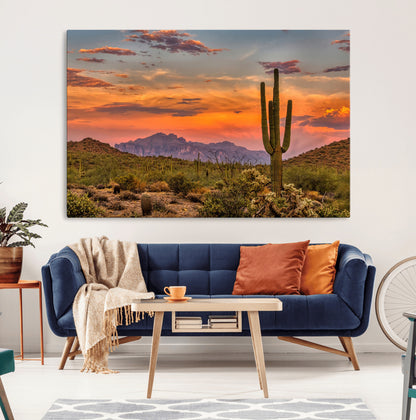 25332783-MGV-CV-36X24-Saguaro Cactus Wall Art Canvas Print, Framed Arizona Sunset Art Picture Print, Sonoran Desert Perfect Southwestern Boho Decor