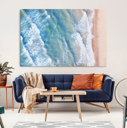 17641845-MGV-CV-36X24-Aerial Ocean Wall Art Canvas Print, Framed Blue Waves Art Picture Print, Sandy Shoreline Perfect Modern Coastal Decor Artwork