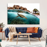 44200301-MGV-CV-36X24-Sea Turtle Swim Wall Art Canvas Print, Framed Ocean Life Art Picture Print, Tropical Shoreline Perfect Tropical Coastal Decor