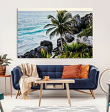 94669907-MGV-CV-36X24-Tropical Coastline Wall Art Canvas Print, Framed Palm Tree Art Picture Print, Rocky Beach Perfect Tropical Coastal Decor Artwork