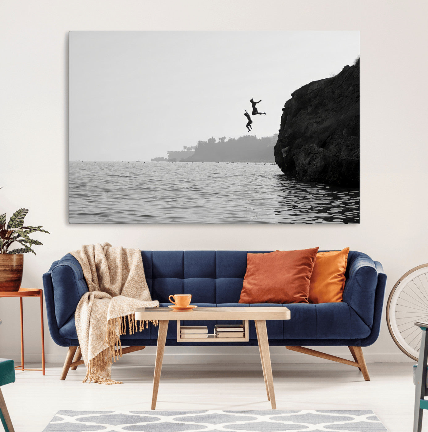 52284302-MGV-CV-36X24-Cliff Jumping Wall Art Canvas Print, Framed Ocean Adventure Art Picture Print, Black White Coast Perfect Modern Coastal Decor