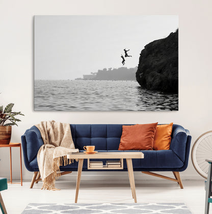 52284302-MGV-CV-36X24-Cliff Jumping Wall Art Canvas Print, Framed Ocean Adventure Art Picture Print, Black White Coast Perfect Modern Coastal Decor