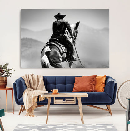 83102464-MGV-CV-36X24-Western Cowboy Wall Art Canvas Print, Framed Monochrome Horse Art Picture Print, Western Equestrian Perfect Rustic Western Decor