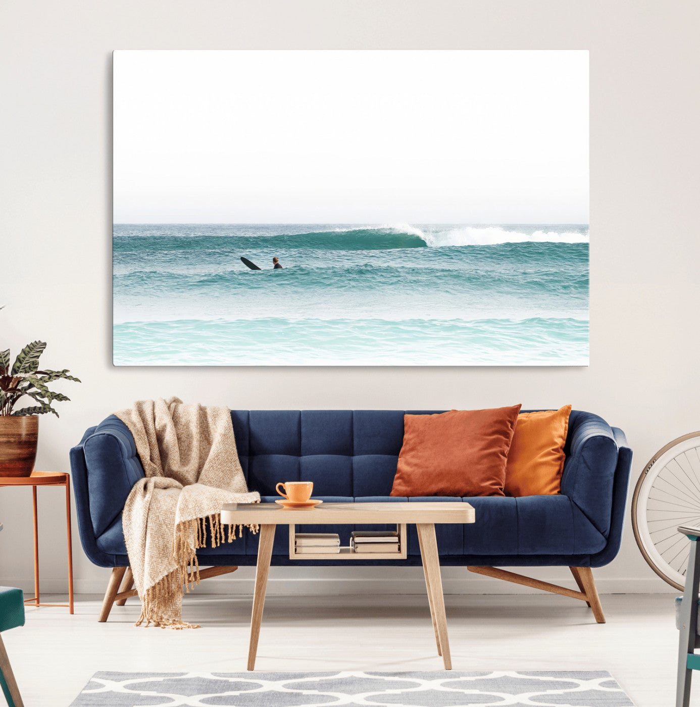56345117-MGV-CV-36X24-Minimalist Surfing Wall Art Canvas Print, Framed Ocean Waves Art Picture Print, Soft Ocean Perfect Minimalist Coastal Decor