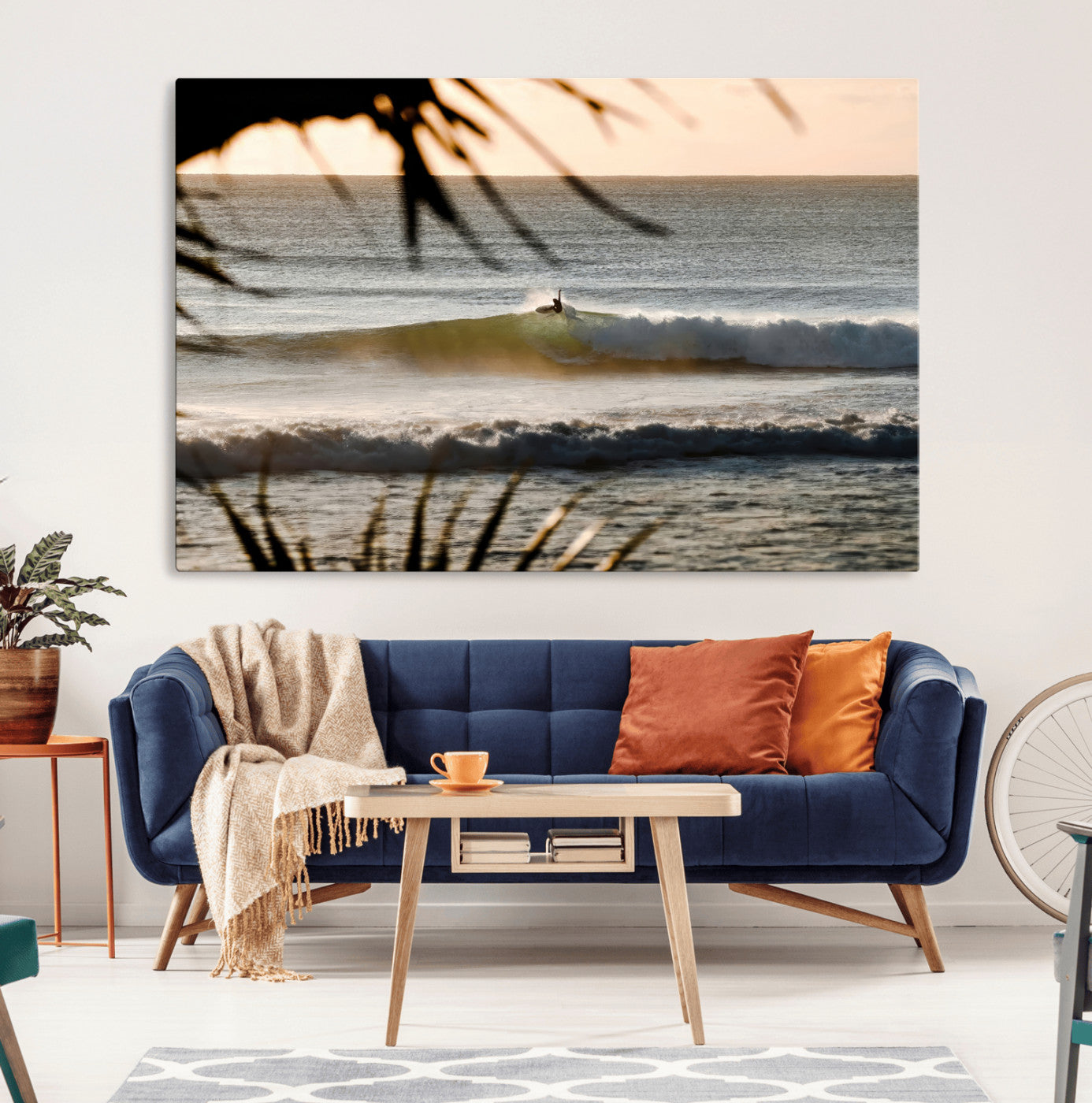 24896468-MGV-CV-36X24-Sunset Surf Wall Art Canvas Print, Framed Golden Waves Art Picture Print, Tropical Ocean Perfect Tropical Boho Decor Artwork
