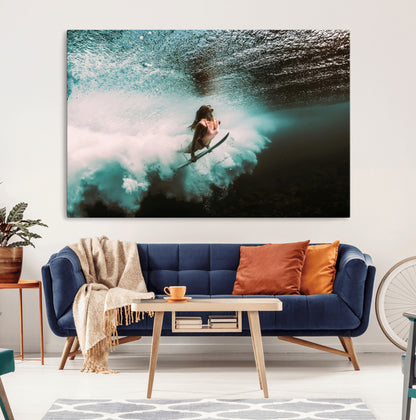 85923512-MGV-CV-36X24-Aquatic Motion Wall Art Canvas Print, Framed Underwater Swimming Art Picture Print, Female Surfer Diving Perfect Coastal Boho