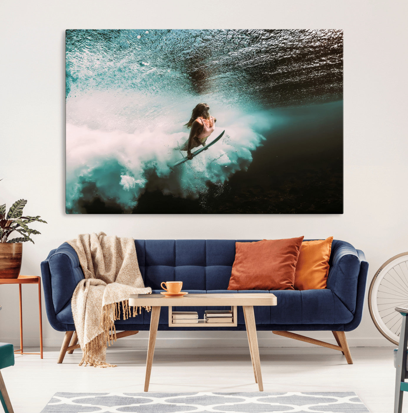 85923512-MGV-CV-36X24-Aquatic Motion Wall Art Canvas Print, Framed Underwater Swimming Art Picture Print, Female Surfer Diving Perfect Coastal Boho