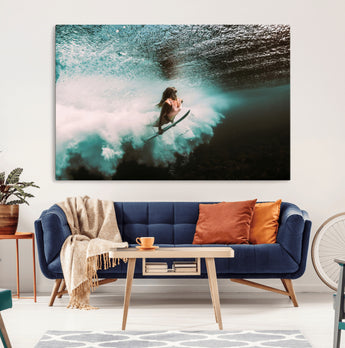 85923512-MGV-CV-36X24-Aquatic Motion Wall Art Canvas Print, Framed Underwater Swimming Art Picture Print, Female Surfer Diving Perfect Coastal Boho