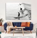 19875284-MGV-CV-36X24-Surfer Waves Wall Art Canvas Print, Framed Black White Surf Art Picture Print, Monochrome Ocean Perfect Modern Coastal Decor