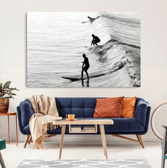 19875284-MGV-CV-36X24-Surfer Waves Wall Art Canvas Print, Framed Black White Surf Art Picture Print, Monochrome Ocean Perfect Modern Coastal Decor