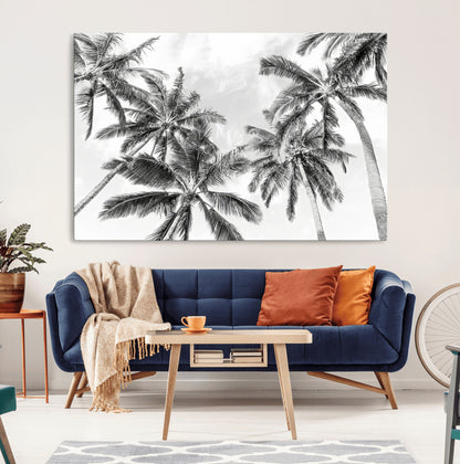 62113786-MGV-CV-36X24-Black White Palm Wall Art Canvas Print, Framed Monochrome Tropics Art Picture Print, Minimalist Beach Perfect Coastal Minimalist
