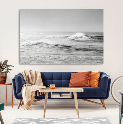 98634812-MGV-CV-36X24-Black and White Ocean Waves Wall Art – Minimalist Sea Canvas Print, Coastal Photography Decor for Living Room, Bedroom or Office