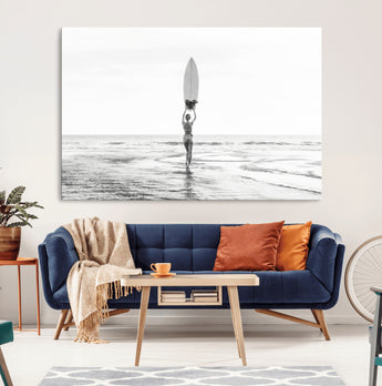 98446901-MGV-CV-36X24-Monochrome Surf Wall Art Canvas Print, Framed Minimalist Surfer Art Picture Print, Surfboard Silhouette Perfect Coastal Minimalist