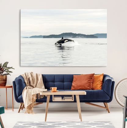 10157174-MGV-CV-36X24-Orca Whale Wall Art Canvas Print, Framed Black White Whale Art Picture Print, Minimalist Ocean Perfect Coastal Minimalist Decor