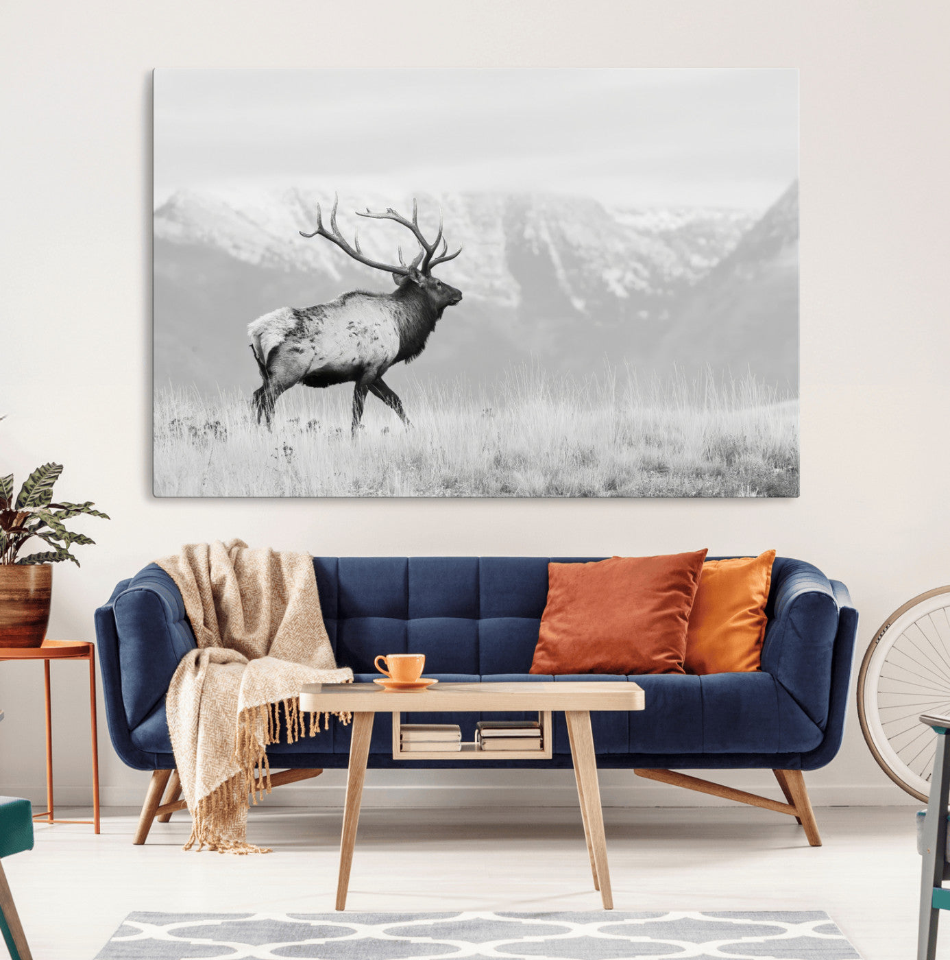 62278753-MGV-CV-36X24-Monochrome Elk Wall Art Canvas Print, Framed Mountain Wildlife Art Picture Print, Rustic Nature Perfect Rustic Minimalist Decor