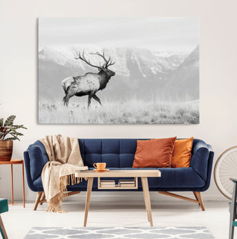 62278753-MGV-CV-36X24-Monochrome Elk Wall Art Canvas Print, Framed Mountain Wildlife Art Picture Print, Rustic Nature Perfect Rustic Minimalist Decor