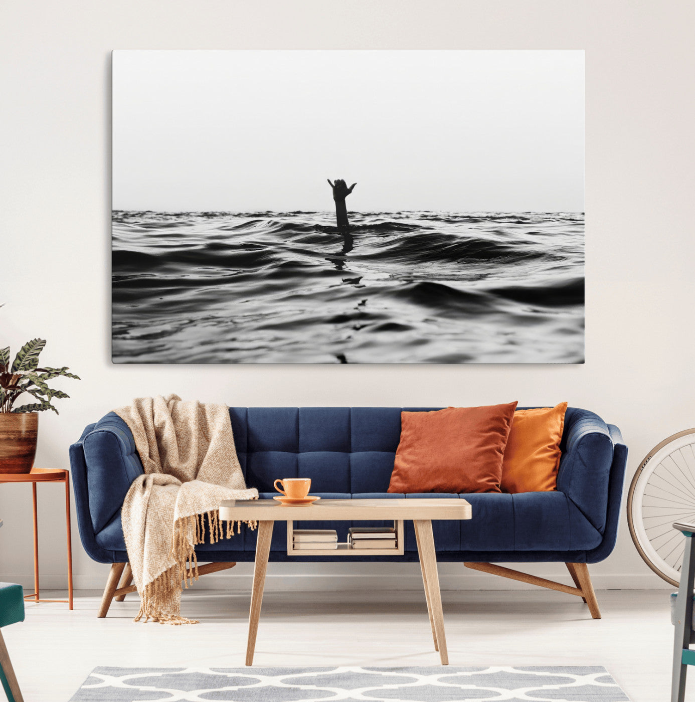 69541918-MGV-CV-36X24-Black White Ocean Wall Art Canvas Print, Framed Moody Seascape Art Picture Print, Surfer Sign Perfect Moody Minimalist Decor