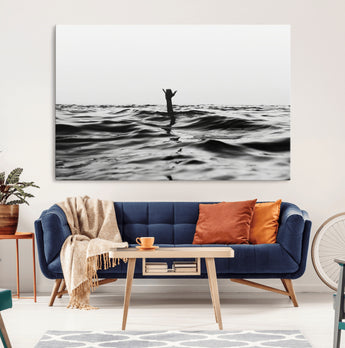 69541918-MGV-CV-36X24-Black White Ocean Wall Art Canvas Print, Framed Moody Seascape Art Picture Print, Surfer Sign Perfect Moody Minimalist Decor